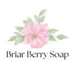 Logo for Briar Berry Soap with a pink bloom surrounded by green foliage.