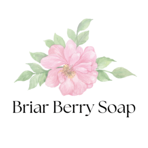 Logo for Briar Berry Soap with a pink bloom surrounded by green foliage.
