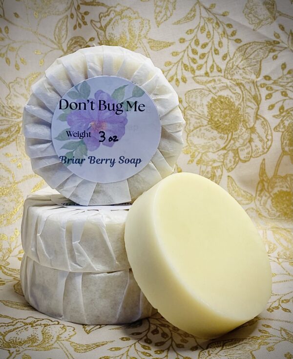 3 bars of wrapped soap and one bar of unwrapped "Don't Bug Me" soap.