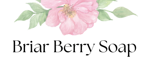 Logo for Briar Berry Soap with a pink bloom surrounded by green foliage.