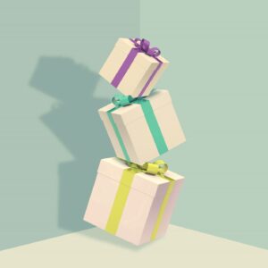 Cartoon drawing of three gifts stacked largest to smallest against a seafoam green background.