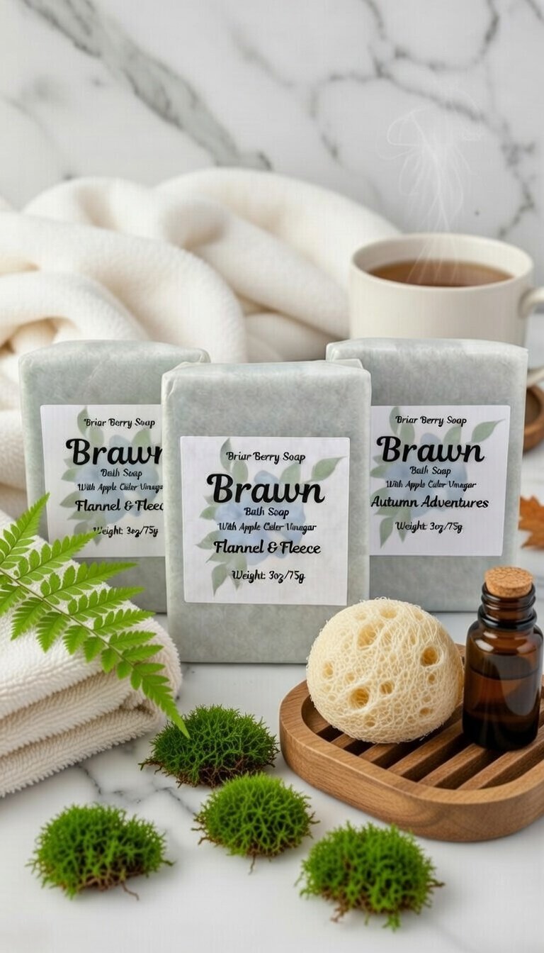 Three bars of Brawn bath soap on white marble surrounded by spa items.