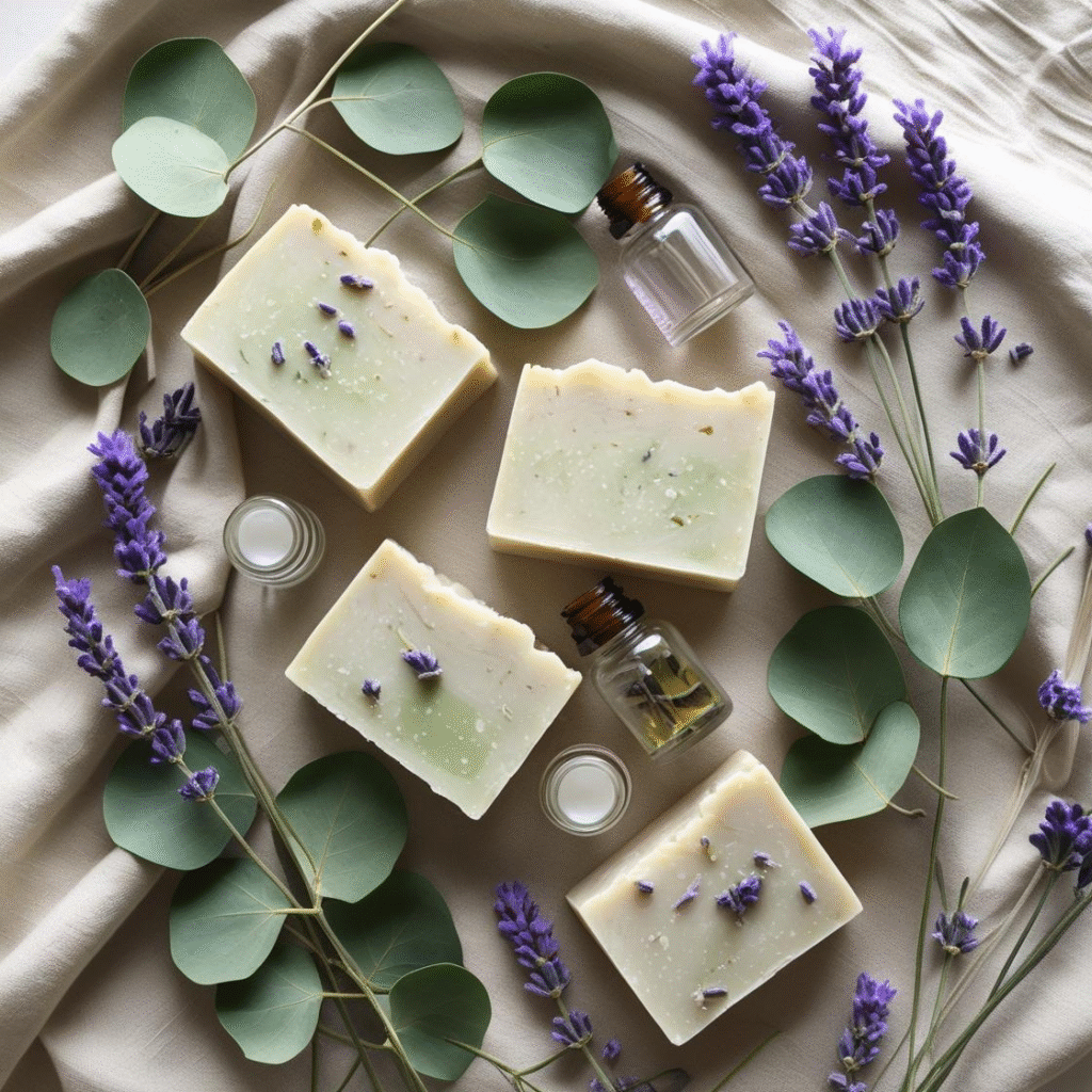 Lavender and Eucalyptus leaves and flowers on linen background with oil bottles and botanical soaps
