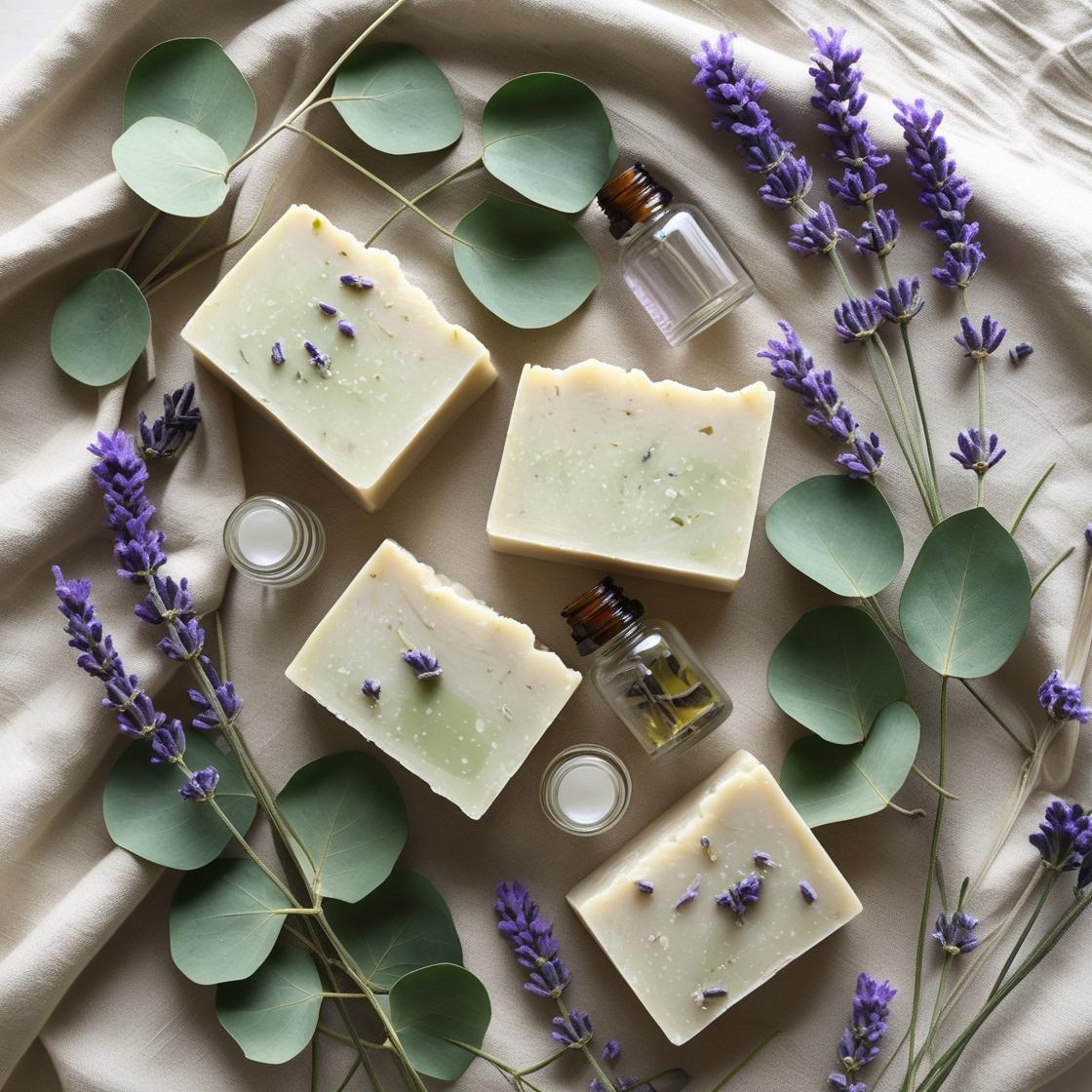 Lavender and Eucalyptus leaves and flowers on linen background with oil bottles and botanical soaps