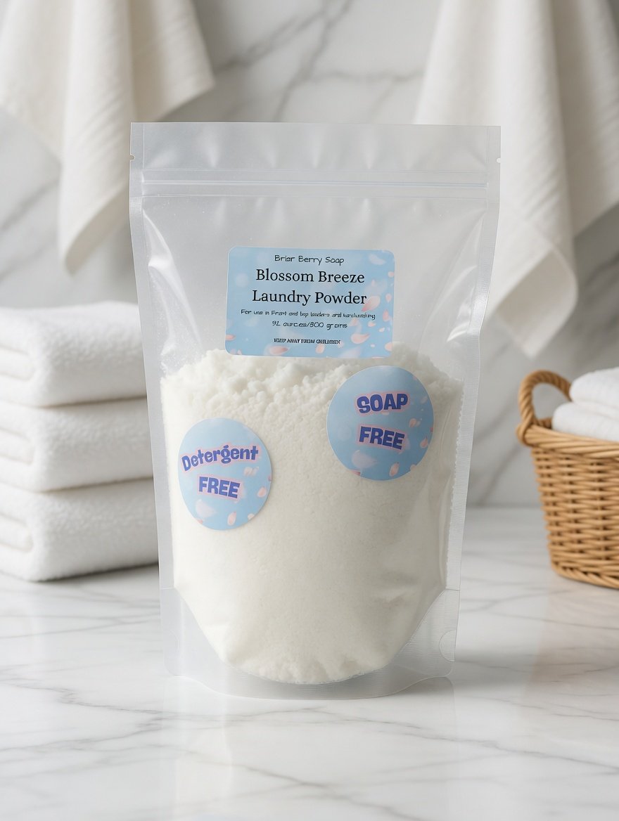 Photo of Laundry Powder in a clear bag surrounded by towels, and a wicker basket.