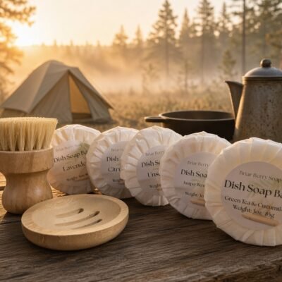 5 bars of round dish soap on a wooden table in a campground with a coffee pot, dutch oven, soap dish, and a dish brush on the table. There is a tent in the background at sunrise.