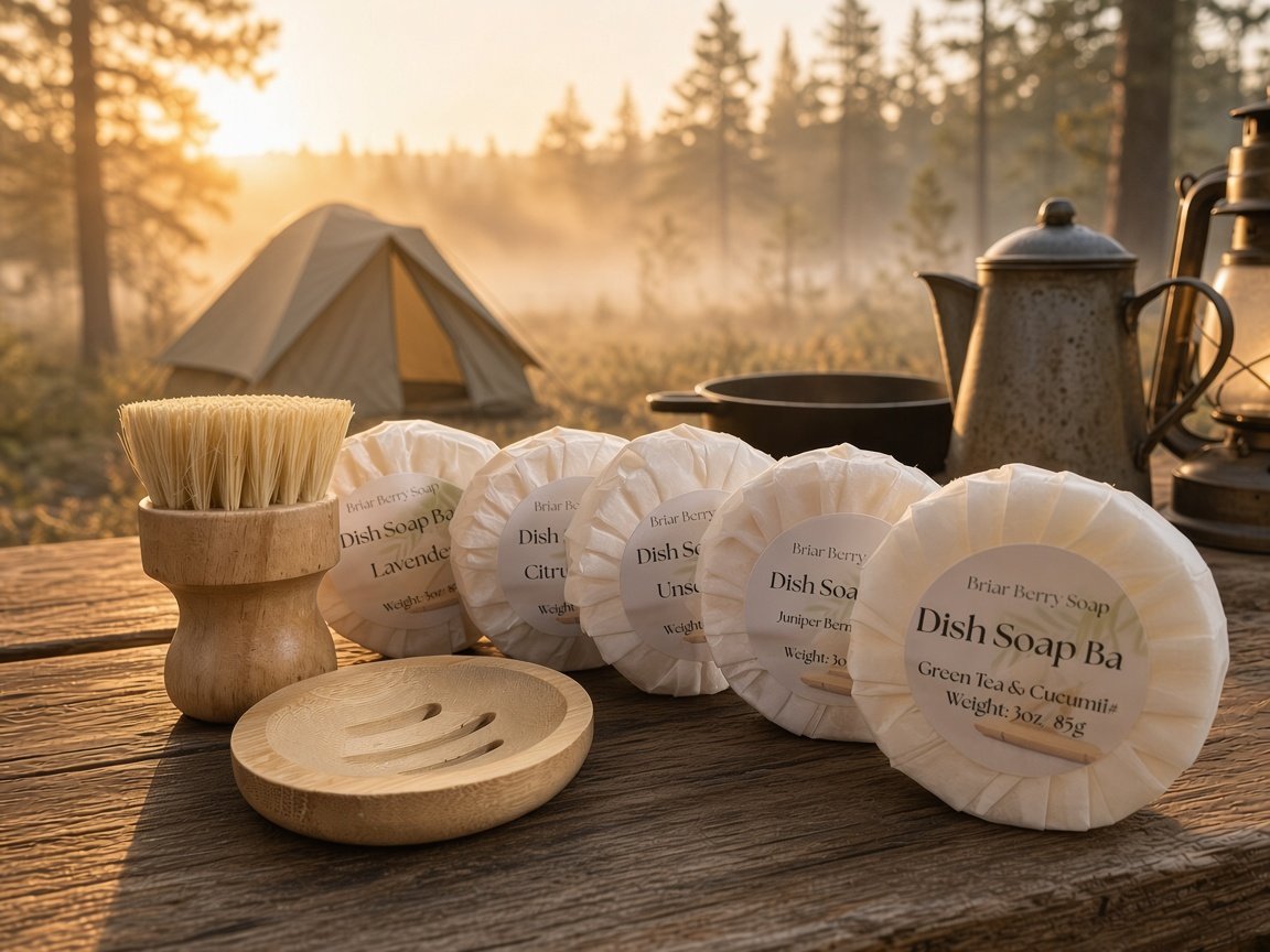 5 bars of round dish soap on a wooden table in a campground with a coffee pot, dutch oven, soap dish, and a dish brush on the table. There is a tent in the background at sunrise.
